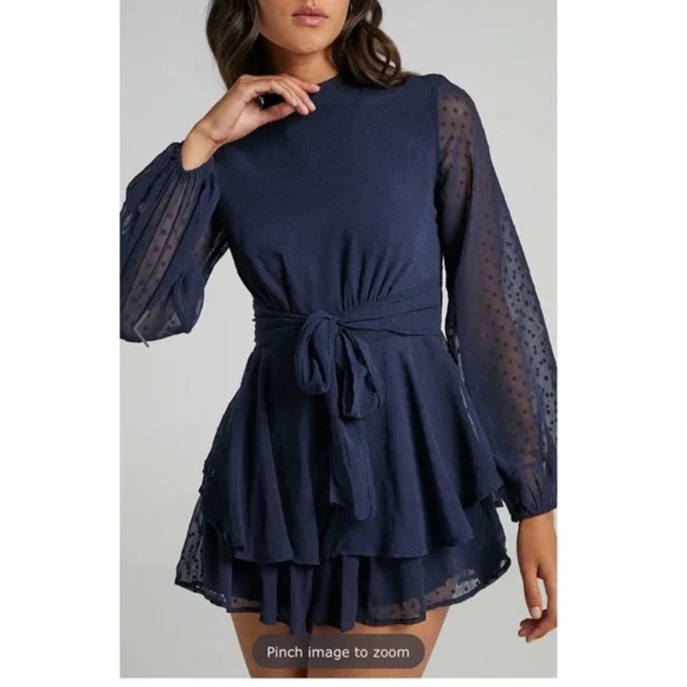 Showpo Bottom of Your Heart Size 8 Navy Long Sleeve Romper with Tie Waist